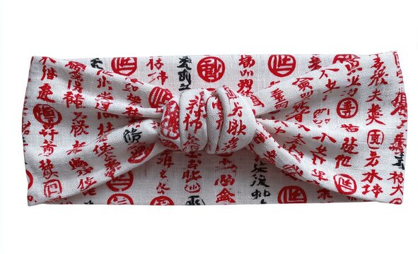 A knotted headband with a repeating pattern of red and black Asian characters on a cream background