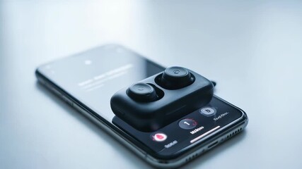 Close up of compact wireless earbuds on a smartphone, emphasizing portable audio and smart device integration. The image captures the essence of modern tech convenience and everyday connectivity