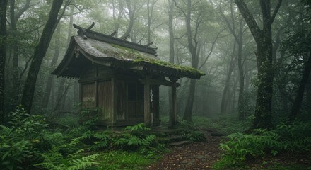 Ancient Japanese Shrine in Misty Forest