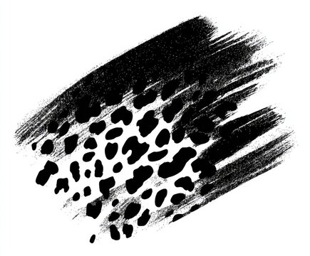 Black brush stroke with abstract spots on white background, resembling animal print