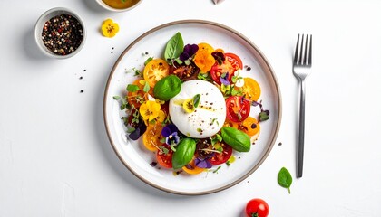 Exquisite Burrata Cheese and Heirloom Tomato Salad, Artfully Arranged with Fresh Basil, Colorful Edible Flowers, and a Zesty Dressing for a Gourmet Culinary Experience