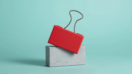 A giant matte red binder clip clipped onto a small concrete block, pastel turquoise background, surreal stationery still life.