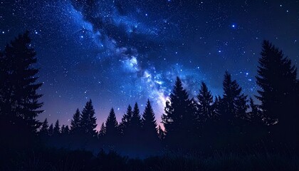 Fototapeta premium Beautiful starry night sky with the Milky Way and shooting stars above a silhouette of a pine forest. Breathtaking astronomical landscape background with copy space for text.