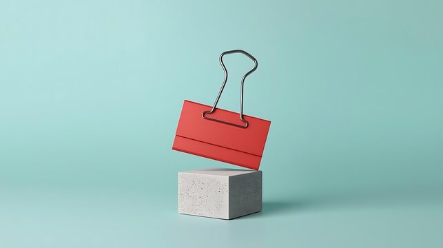 A giant matte red binder clip clipped onto a small concrete block, pastel turquoise background, surreal stationery still life.