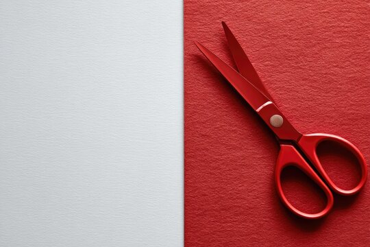 Red scissors atop textured red fabric, with a white sheet beside. Bright, clean visual