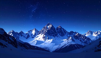 Majestic snow-covered mountain range under a clear starry sky. A serene winter nightscape with shooting stars, ideal for a peaceful and epic background with ample copy space for text.