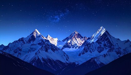 Stunning mountain range under a starry night sky with shooting stars and the milky way. Epic winter landscape with snow-covered peaks, a celestial background perfect for wallpaper with copy space.