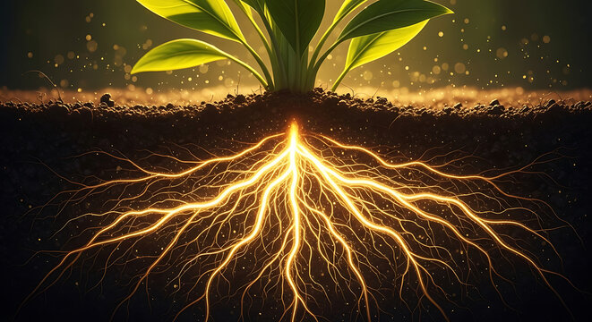 Plant Roots Growth, Soil, Green Leaves Sustainable Future Concept
