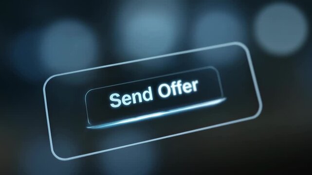 Real estate professional with digital tablet concept. A hand pressing a virtual button labeled 'Send Offer' on a glowing interface.
