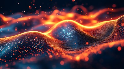 Abstract Digital Wave Glowing Particles in Orange and Blue Against a Dark Background
