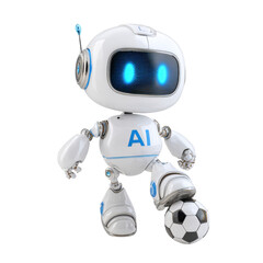 Friendly AI Robot with Soccer Ball on Transparent Background