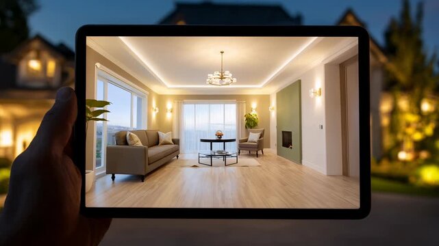 Real estate professional with digital tablet concept. A hand holds a tablet displaying a luxurious house with vibrant landscaping at night.