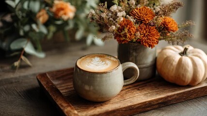 A handcrafted mug of creamy latte sits beside a bouquet of fall flowers and a pale pumpkin, all arranged on a wooden tray. The composition evokes a sense of comfort and autumnal charm