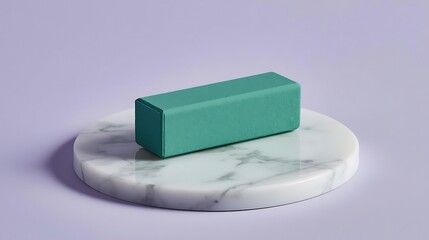 A large matte green eraser placed neatly on a marble slab, pastel lavender background, surreal stationery concept.