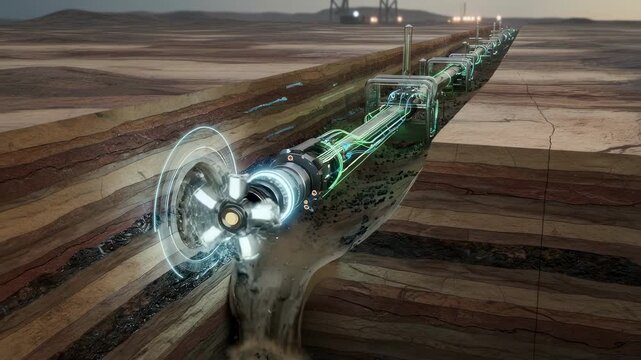 Horizontal drilling operation capturing advanced drill bit navigating through rock layers for improved oil extraction efficiency