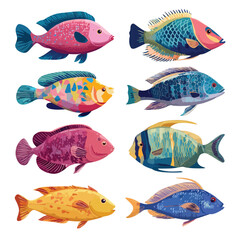 Diverse collection of fish silhouettes in various poses isolated on a clean white background isolated on white background