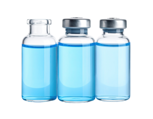 Three clear glass vials filled with light blue liquid