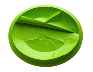 A vibrant lime green circle, creased and crumpled, seemingly a paper plate