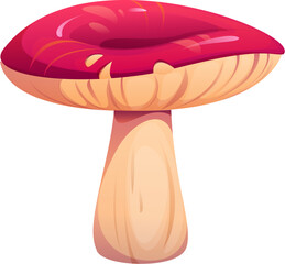 Cartoon autumn fall season russule mushroom with a wide, flat red cap. Isolated vector ripe and raw forest fungus. Wild plant, natural ingredient, mycology species, forest vegetation