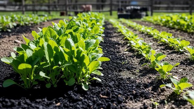 Medium shot of a small farm plot treated with pyrolyzed biochar showing healthier greener plants and enriched earth in natural sunlight.