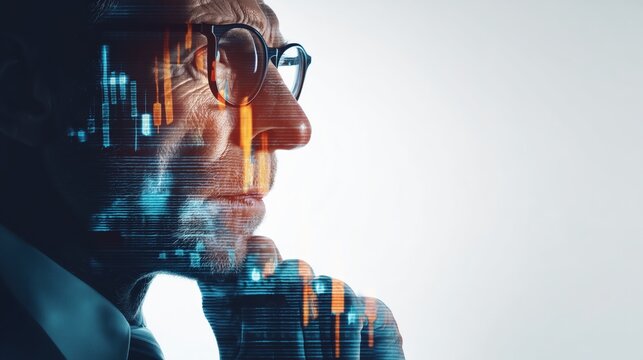 A thoughtful businessman analyzes financial data, showcasing a digital overlay of stock market trends and analytics.