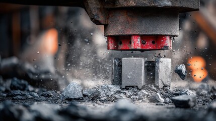Closeup of a hydraulic crusher in action precisely breaking down raw ore with focused crushing jaws against a blurred industrial background.