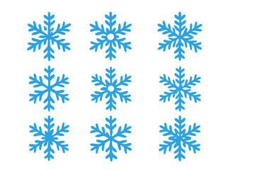 Blue snowflake set isolated on white background. Winter snowflake icons and cartoon ornaments. Frost seasonal decoration for Christmas, New Year, festive design, holiday element vector illustration.