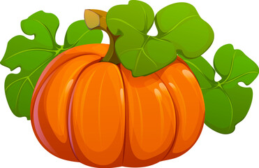 Cartoon autumn pumpkin, fall season plant with lush green leaves. Isolated vector ripe gourd plant with the foliage, symbol of the autumnal harvest, Thanksgiving or Halloween. Vibrant orange pumpkin