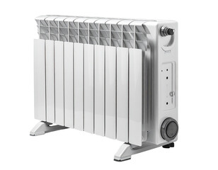 White electric heater, side view.  Compact design