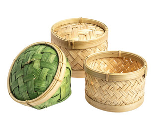 Three light beige and light green woven bamboo containers