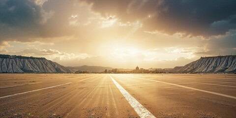 Empty road or runway stretching towards a dramatic sunset horizon