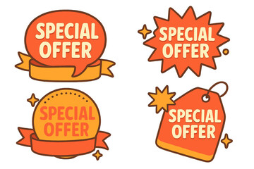 Cartoon Special Offer Badges Vector Set. Decorative Sale Banners, Discount Labels, Price Tags, Promotion Stickers, Isolated on Transparent Background. Colorful Hand Drawn Style Marketing Elements