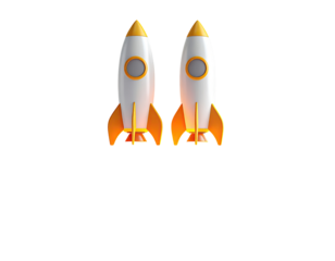 Two cartoon rockets, ready to launch, against a black background