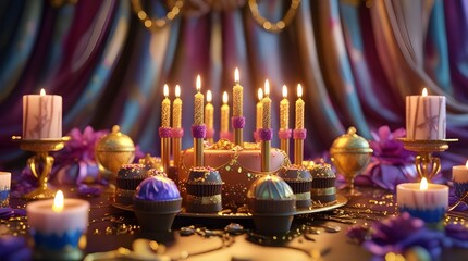 Celebrate special moments with a luxurious birthday cake, sparkling golden candles, and decadent cupcakes in a festive, magical setting.