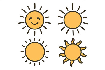 Hand drawn sun icon set vector illustration collection, cartoon yellow suns with rays, smiling and plain sun faces, decorative doodle sun shapes, transparent background, playful weather symbol
