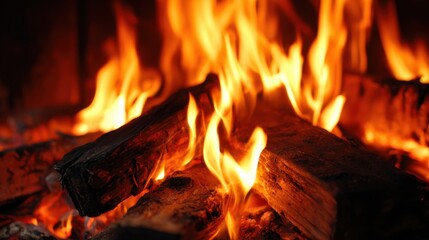 Flickering flames interact with logs in a fireplace, producing a warm glow that offers comfort during a chilly evening gathering.