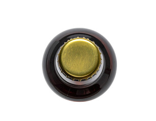 Overhead view of a dark-brown bottle with a gold cap