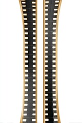 Fototapeta premium Two vertically aligned strips of negative film with black frames, curved on gold