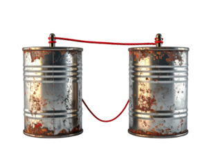 Two rusty tin cans connected by a red string