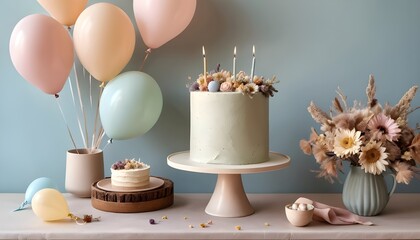 Stunning pastel birthday celebration setup featuring an elegant cake with candles and soft balloons creates a joyful atmosphere.