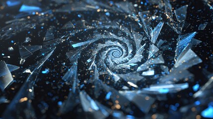 Shards spiral into a blue vortex, with golden bokeh particles on dark background