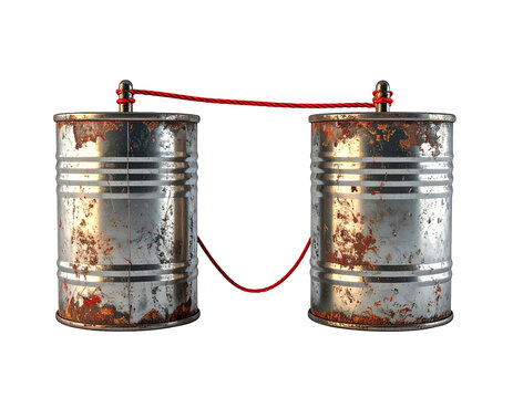 Two rusty tin cans connected by a red string