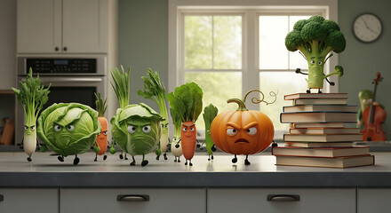 Angry Vegetables Funny Food Fight, Cartoon Characters in Kitchen