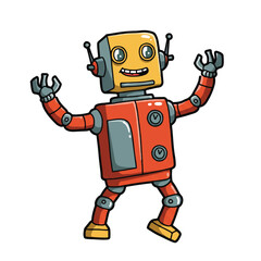 Obraz premium A funky retro robot toy in a happy dancing pose, presented as a vibrant 2D flat cartoon illustration on a clean white background, exuding joy and vintage charm.