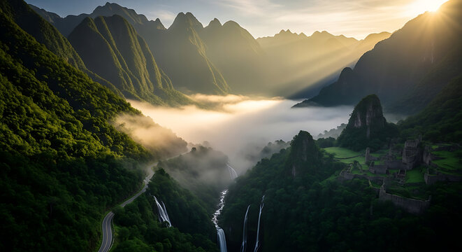 Machu Picchu, Peru Scenic Mountain Landscape with Fog and Sunrays