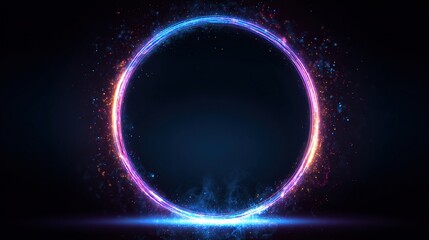 Luminous circle with glowing particles and colorful light flares on a dark background