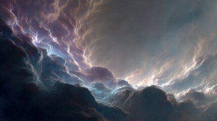 Abstract cloudscape with dynamic lighting and vibrant colors creating a dramatic and ethereal scene