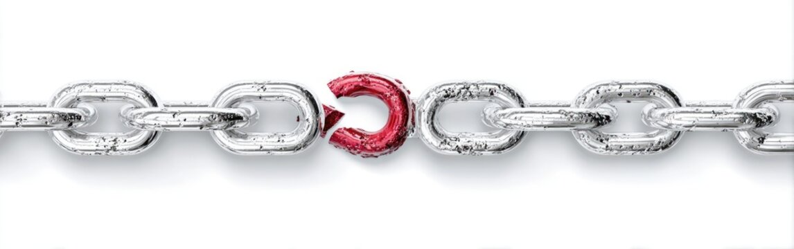 A silver chain with one red, broken link, isolated against white
