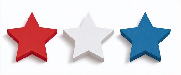 Obraz premium Three, solid, 3D stars red, white, and blue, on a white surface. Each star casts a gentle shadow