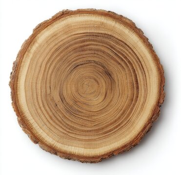 Circular wooden cross-section with growth rings, bark edge, and a white background